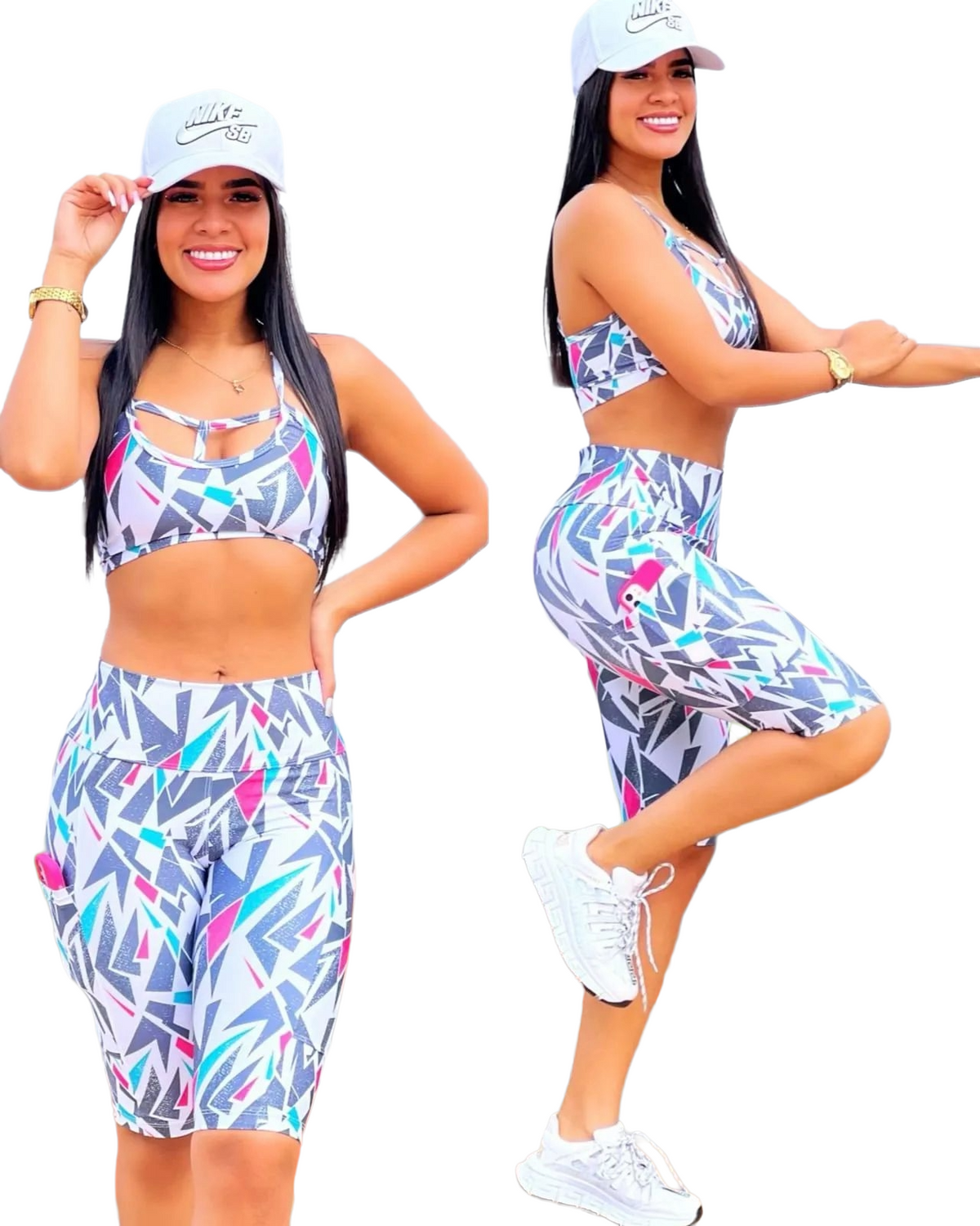 Samuga Style Women's White Geometric Graphic Sports Bra & Biker Shorts Set