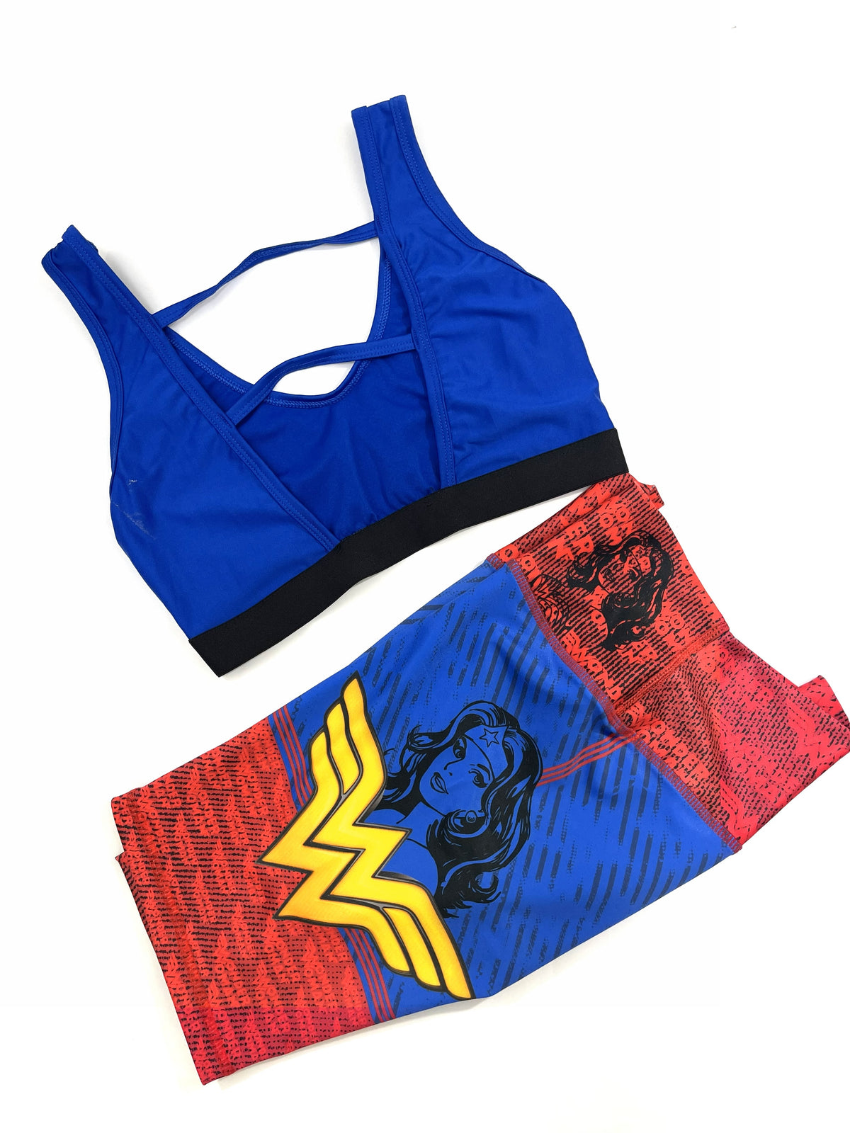 Samuga Style Women's 2-Piece Activewear Set - Strappy Royal Blue Sports Bra & Wonder Woman Graphic Biker Shorts