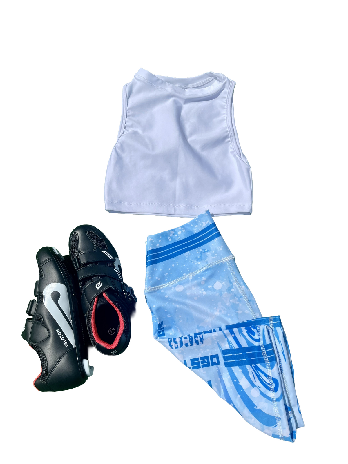 Samuga Style Women's 2-Piece Activewear Set - High-Neck White Crop Top & Blue Graphic Leggings