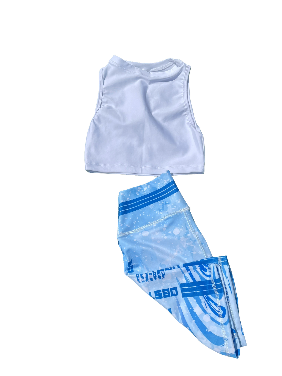 Samuga Style Women's 2-Piece Activewear Set, White High-Neck Tank Top & Sky Blue Printed Biker Shorts