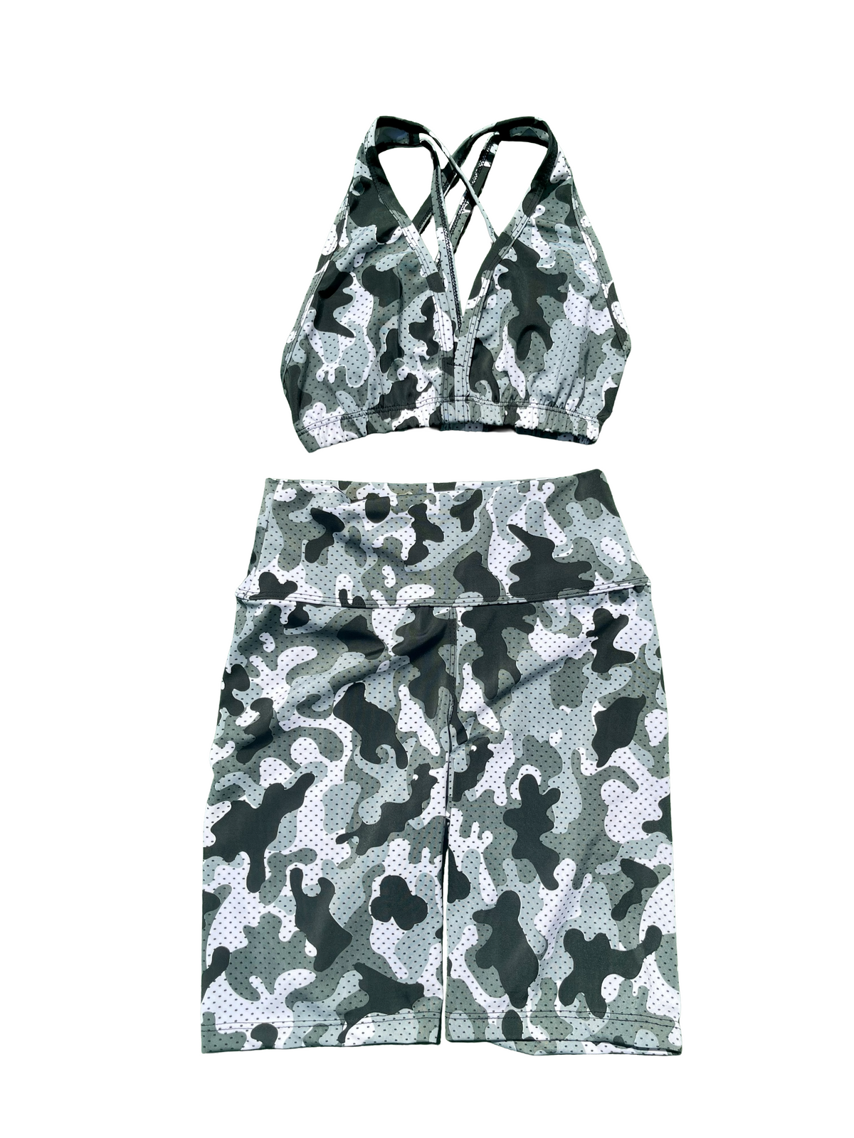 Samuga Style Women's Green Camo Biker Short Set with Strappy Sports Bra