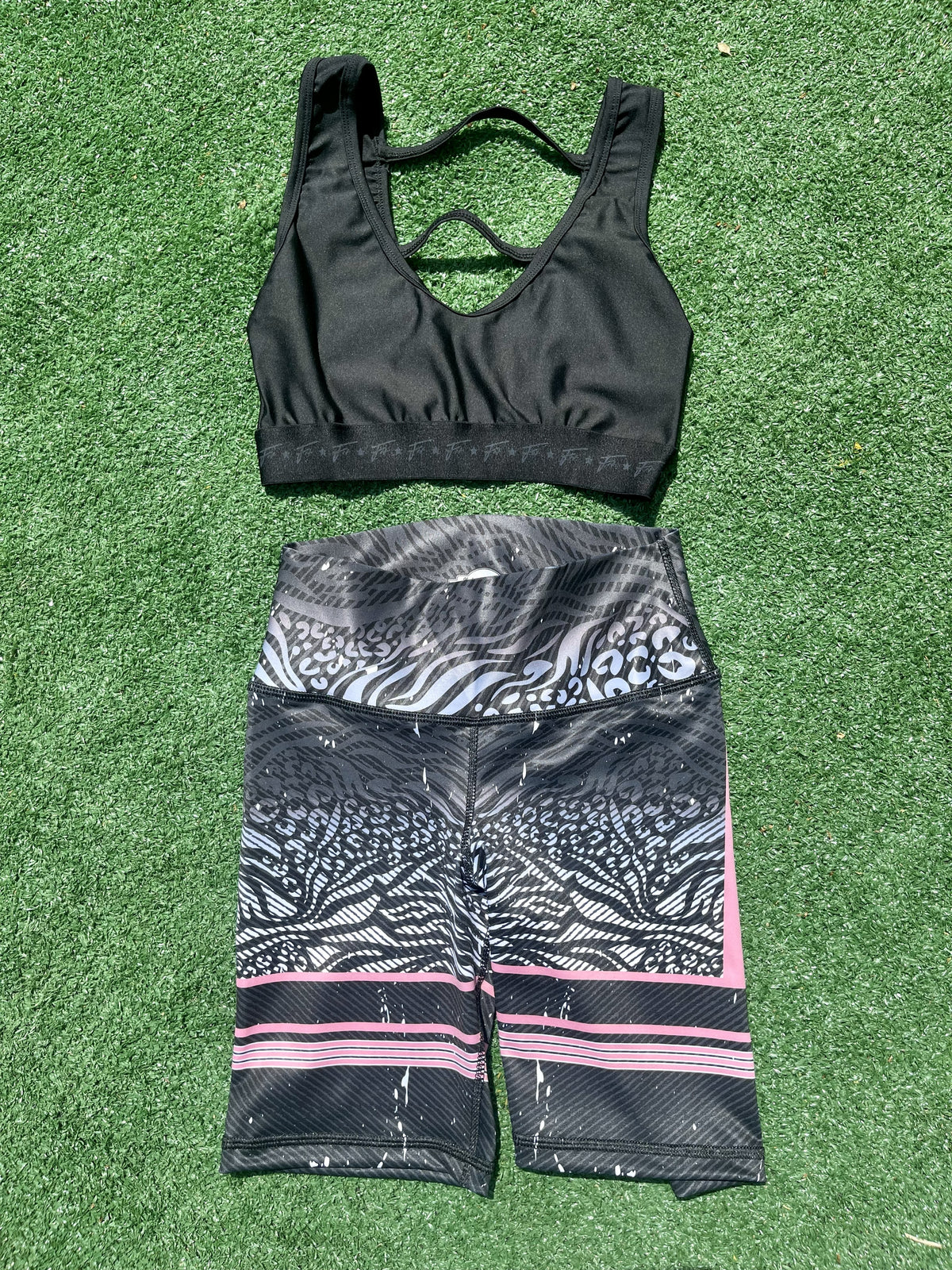 Samuga Style Women's 2-Piece Activewear Set, Black Sports Bra & Animal Print Biker Shorts