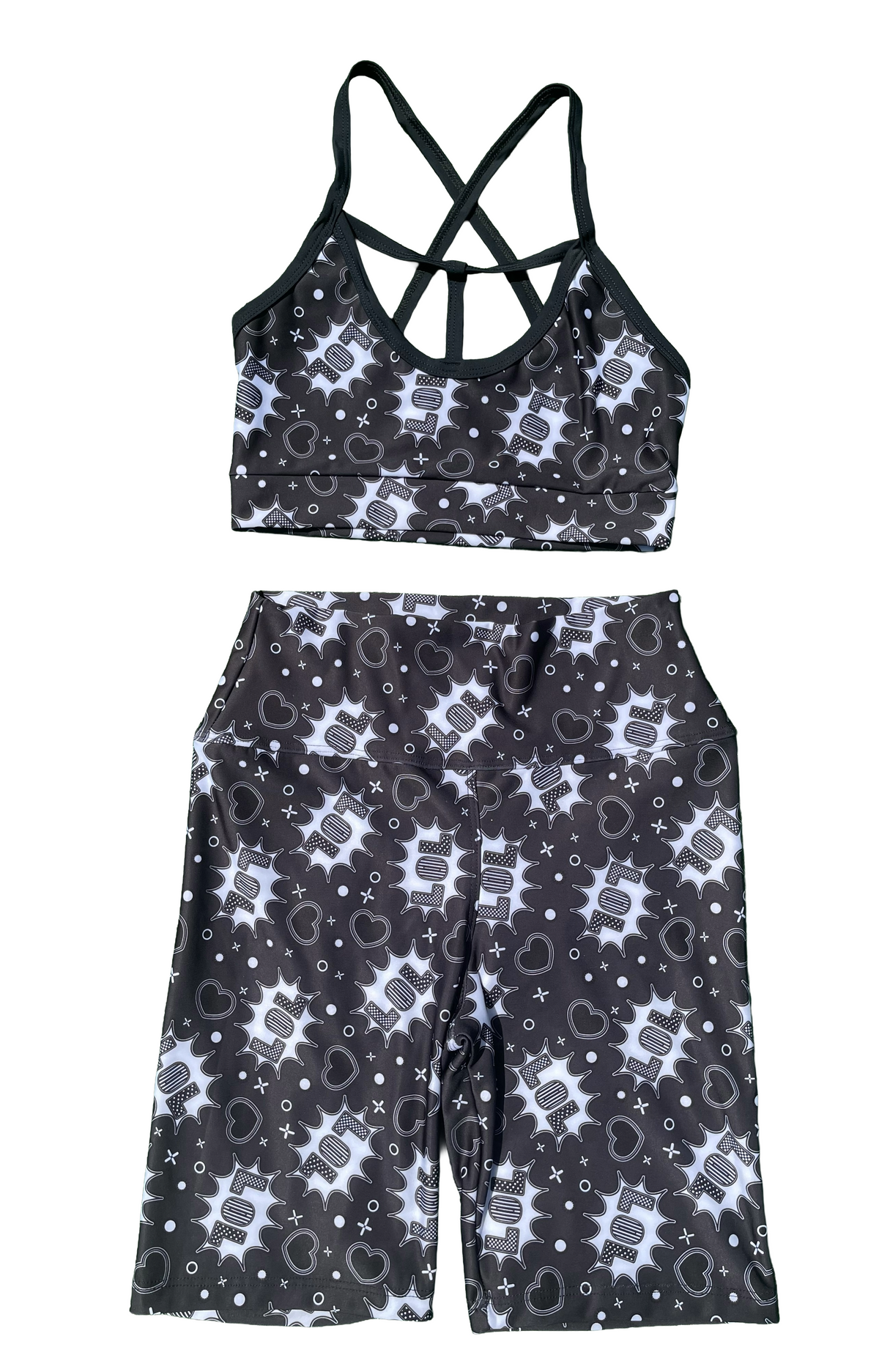 Samuga Style Women's Black & White LOL Comic Print Sports Bra & Biker Shorts Set
