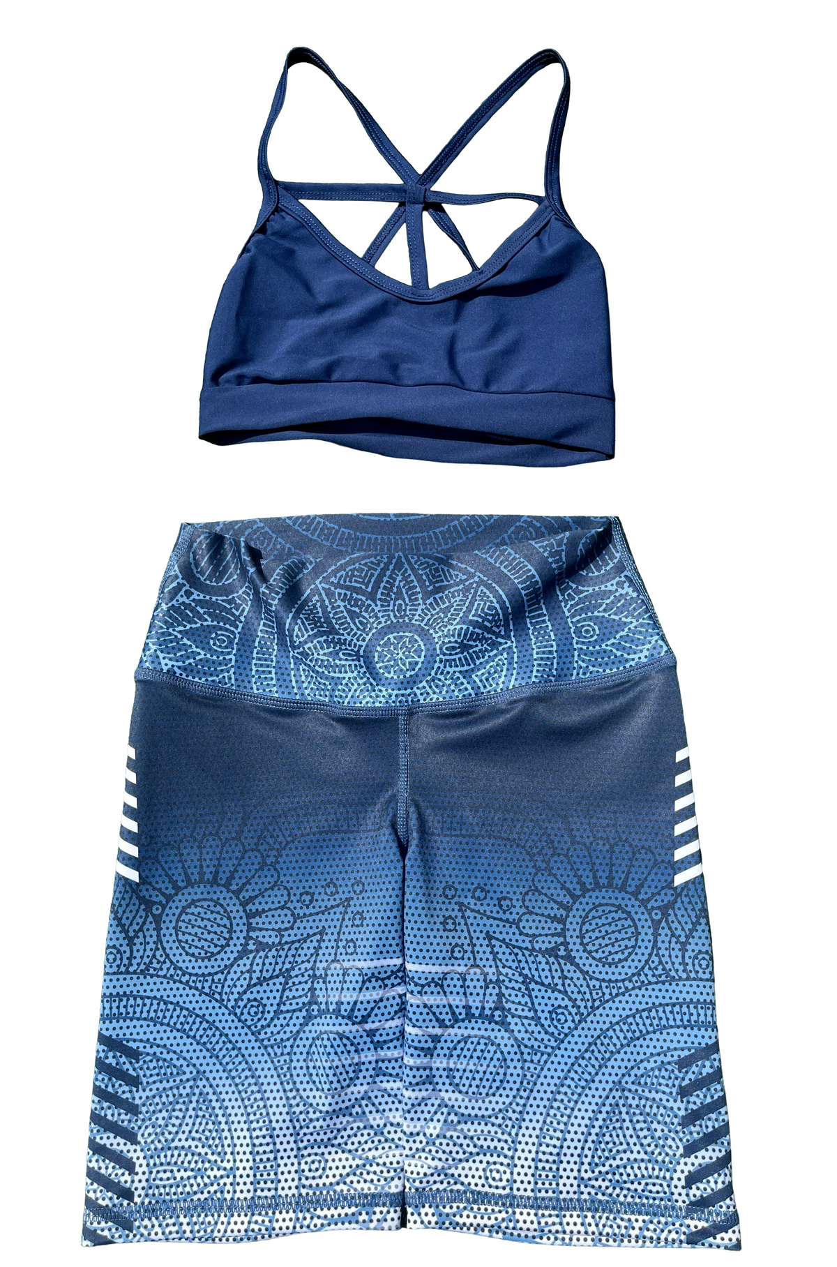 Samuga Style Women's Navy Blue Mandala Biker Short Set with Strappy Sports Bra