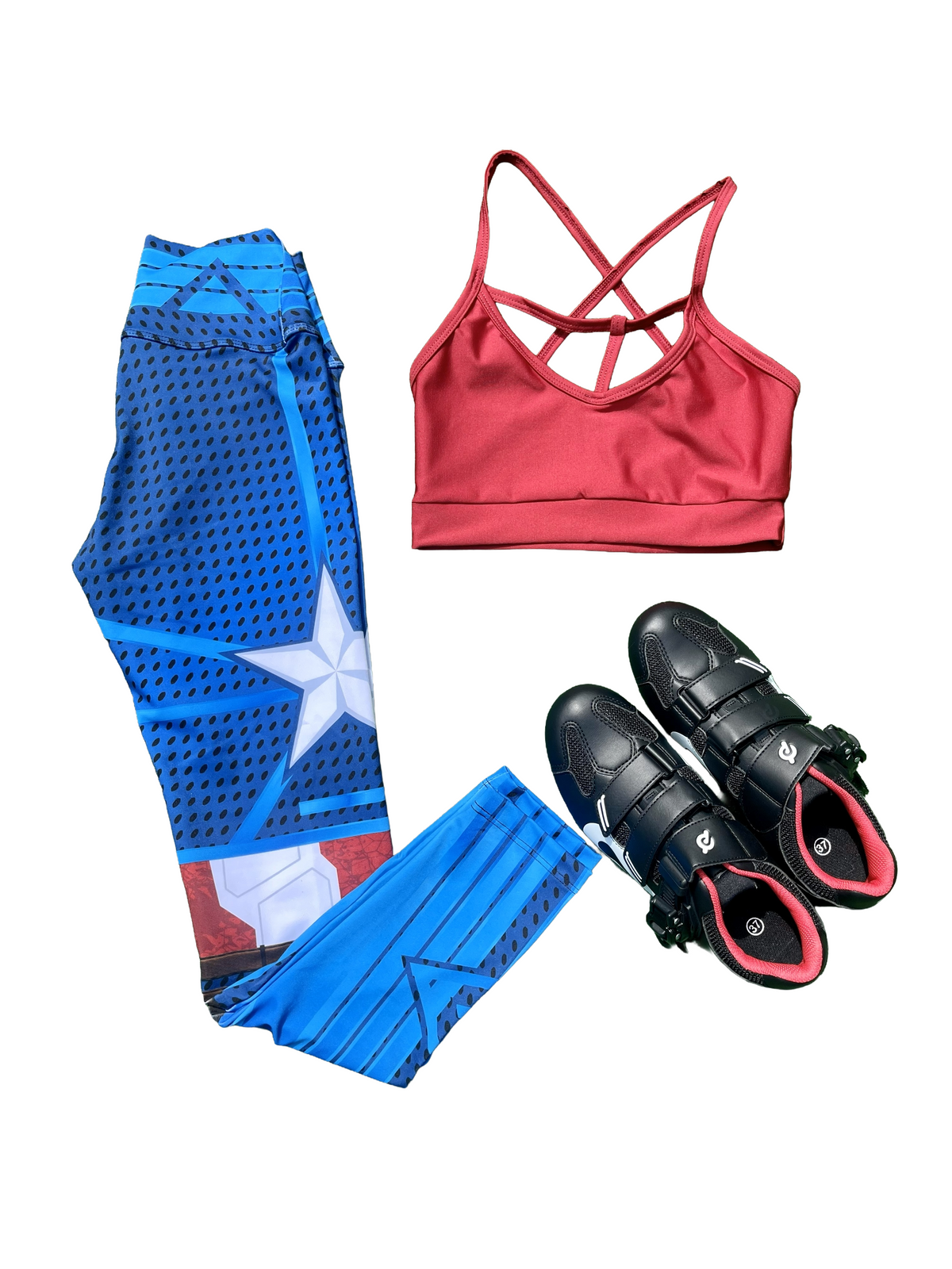 Samuga Style Women's Red Strappy Sports Bra & Captain America Print Leggings Set