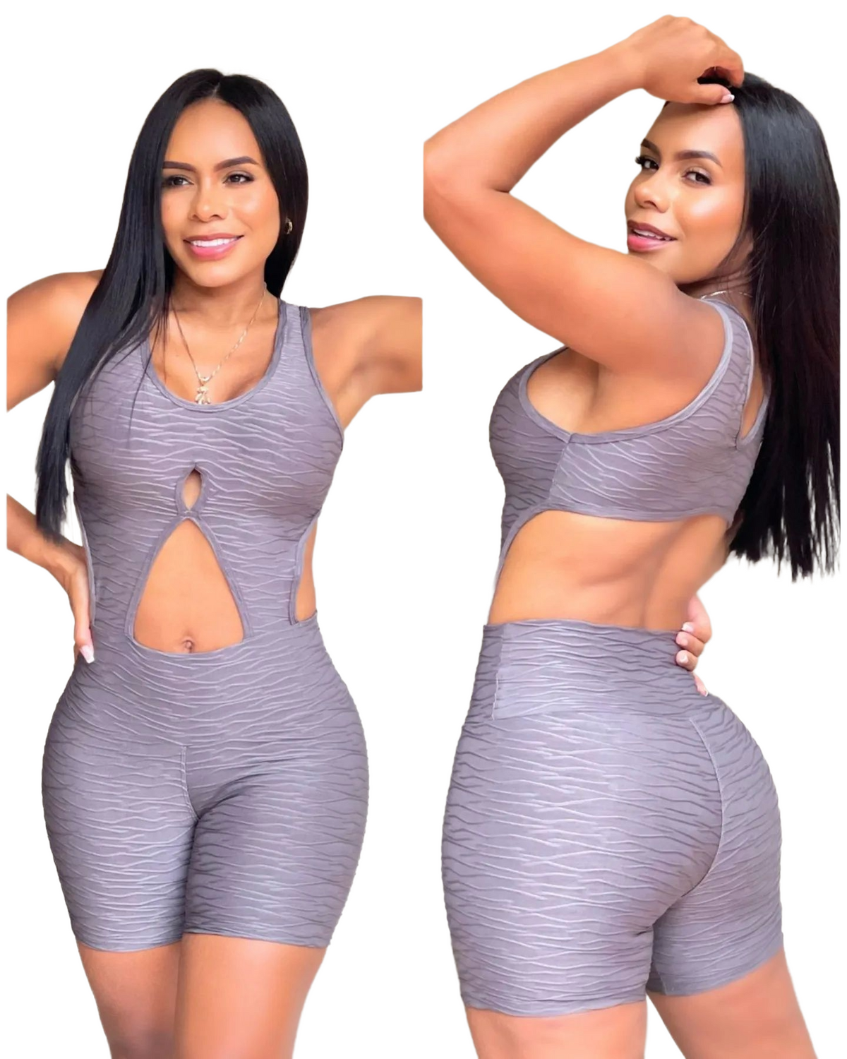 Samuga Style Women's Taupe Textured Twist-Front Biker-Short Romper