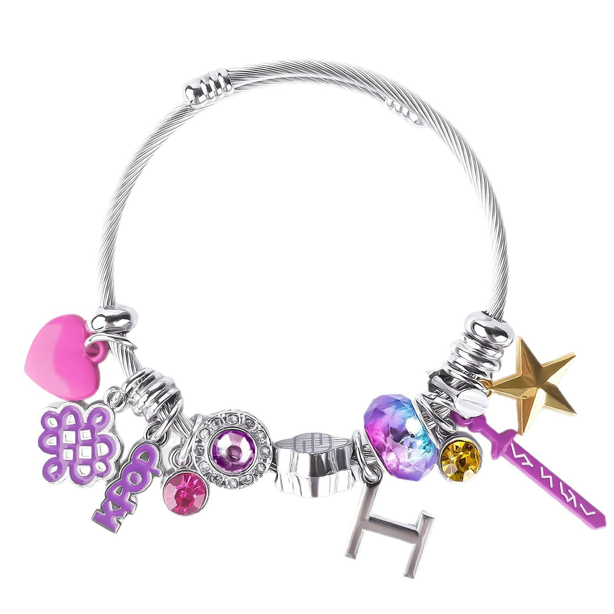 K-Pop Hunter Silver-Tone Charm Bracelet with Purple Sword & KPOP Charms