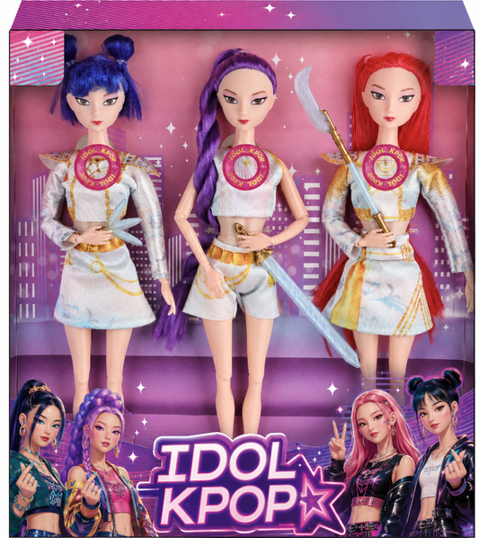 Idol KPop 3-Pack Fashion Doll Set - White & Gold Battle Outfits with Weapons