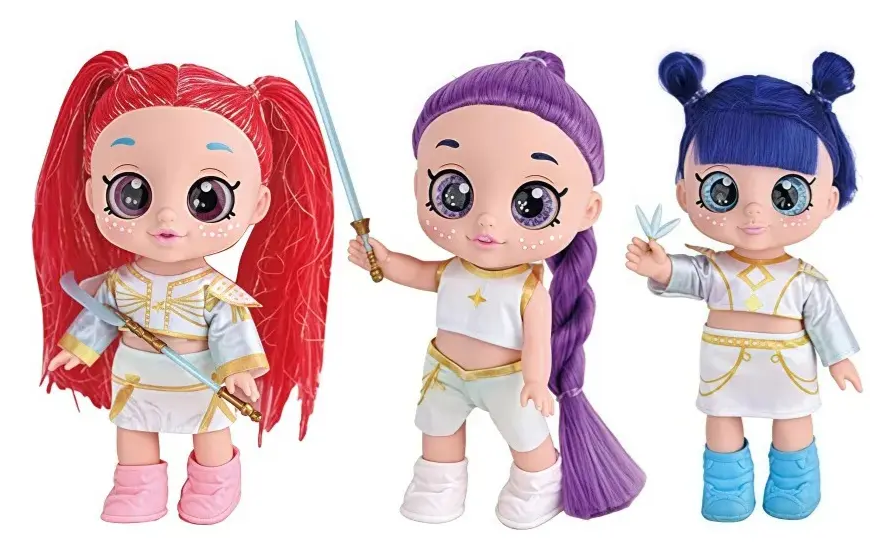 Hunters Girl 10-inch fashion dolls in white and gold battle uniforms with signature weapon accessories including sword, spear, and crystal blades.