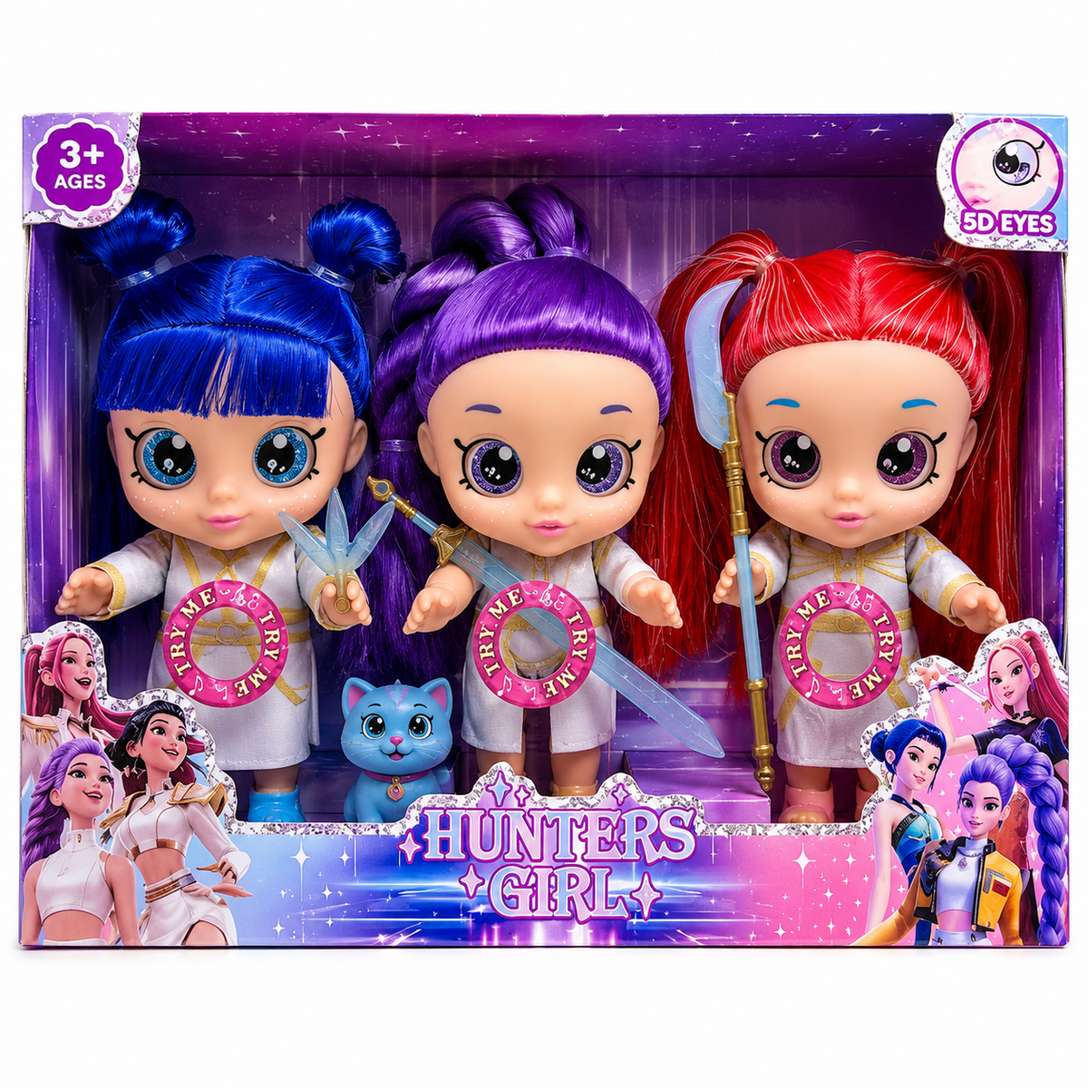 Hunters Girl 3-pack 10-inch fashion doll set in white battle uniforms with weapons and cat pet figure in display box.