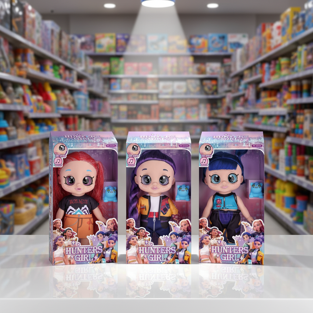 Three Hunters Girl K-Pop fashion dolls in individual box packaging displayed together on a shelf.