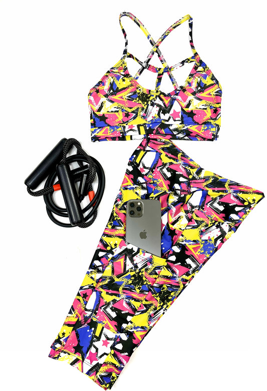 Samuga Style Women's Purple Pink Marble Tie-Dye Sports Bra & Pocket Leggings Set