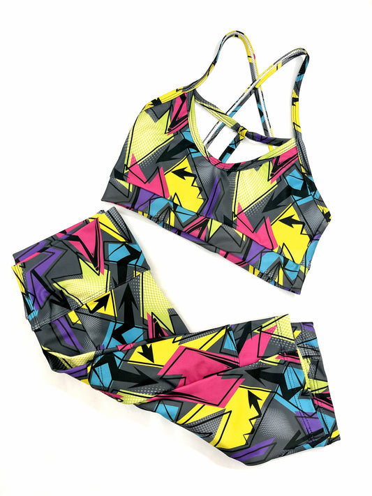 Samuga Style Women's Yellow Retro Graphic Sports Bra & Leggings Set