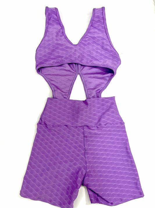 Samuga Style Women's Purple Textured V-Neck Biker-Short Romper