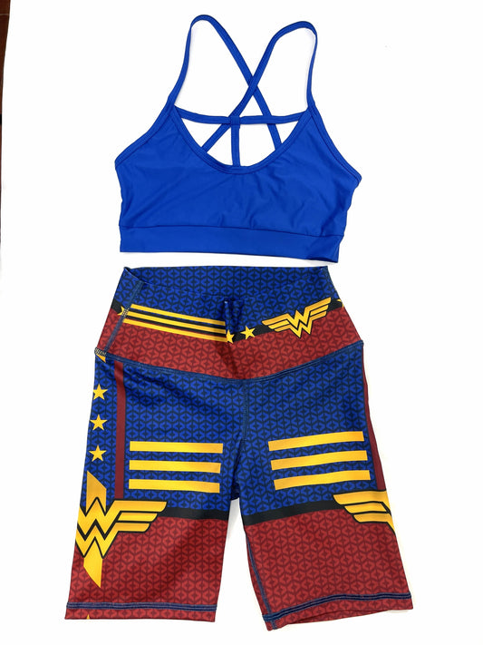 Samuga Style Women's 2-Piece Activewear Set - Strappy Royal Blue Sports Bra & Wonder Woman Emblem Biker Shorts