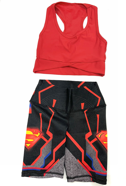 Samuga Style Women's Red Superman Shield Biker Shorts Set, Racerback Crop Top