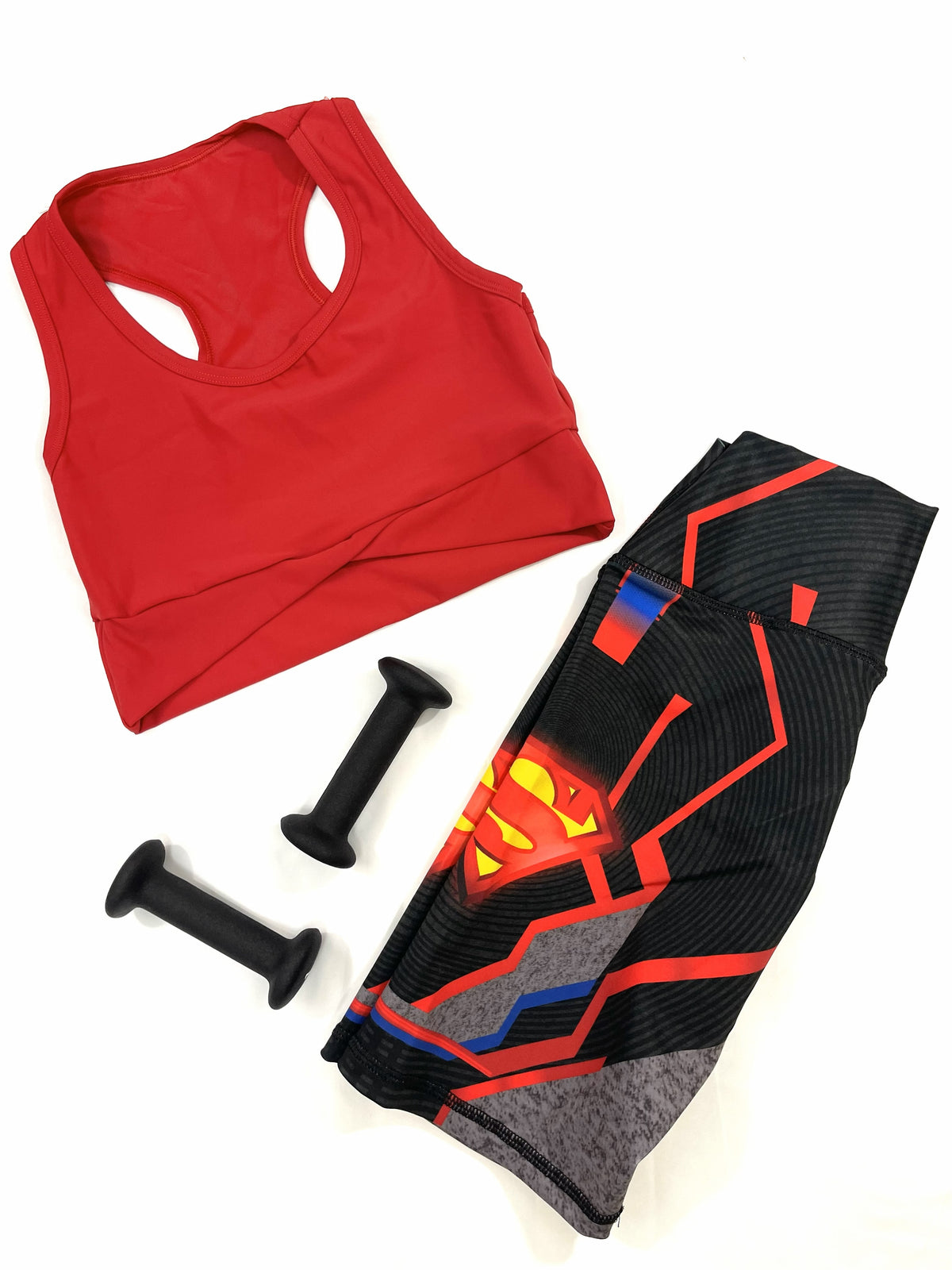 Samuga Style Women's Red Superman Shield Biker Shorts Set, Racerback Crop Top