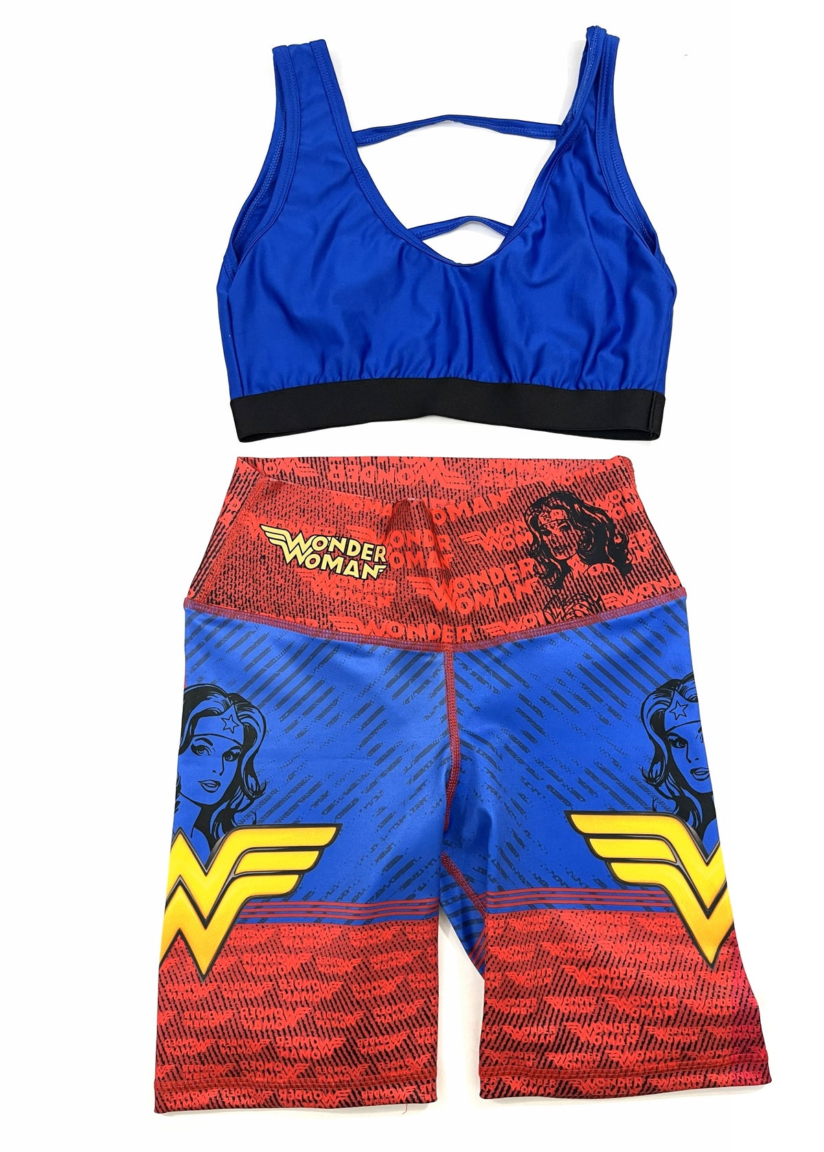 Samuga Style Women's 2-Piece Activewear Set - Strappy Royal Blue Sports Bra & Wonder Woman Graphic Biker Shorts