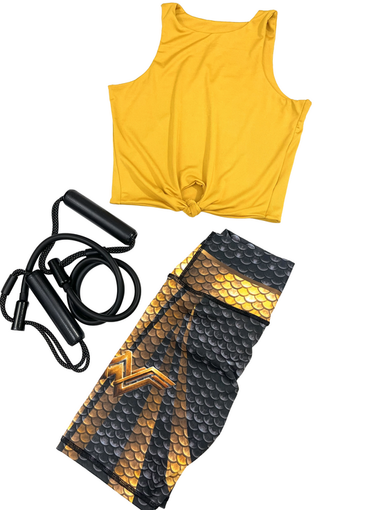 Samuga Style Women's 2-Piece Activewear Set - High-Neck Tie-Front Yellow Crop Top & Armor Emblem Biker Shorts