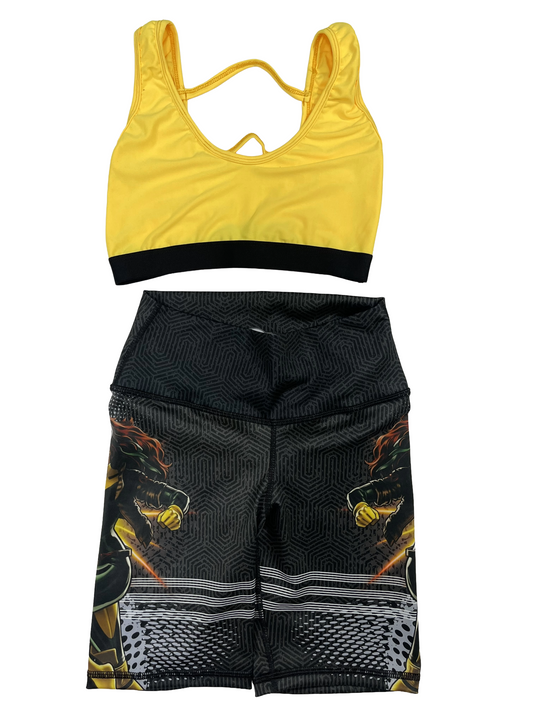 Samuga Style Women's Vibrant Yellow Sports Bra & Superhero Graphic Biker Shorts Set