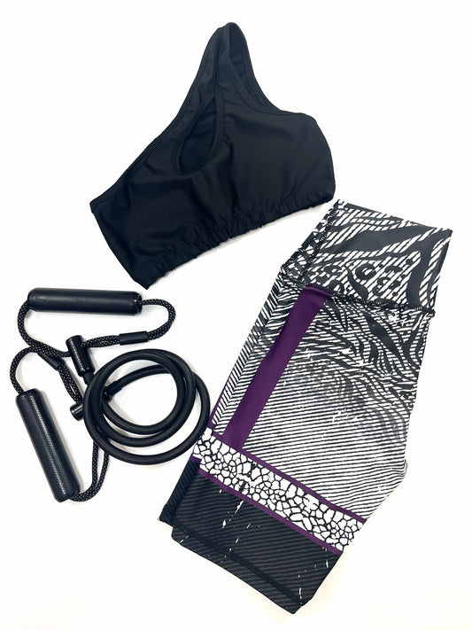 Samuga Style Women's Black One-Shoulder Cutout Sports Bra & Purple Geometric Biker Shorts Set