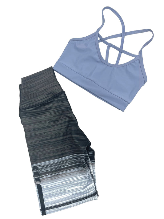 Samuga Style Women's Dusty Blue Strappy Sports Bra & Charcoal Linear Biker Shorts Set