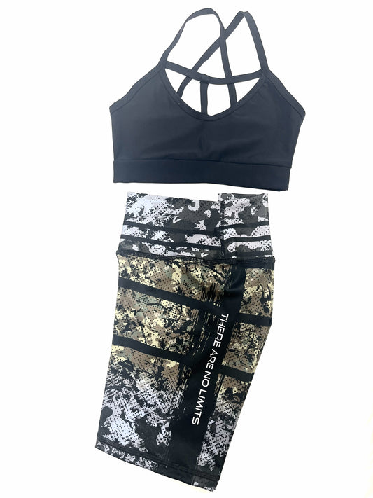 Samuga Style Women's Black Strappy Sports Bra & Camo THERE ARE NO LIMITS Biker Shorts Set