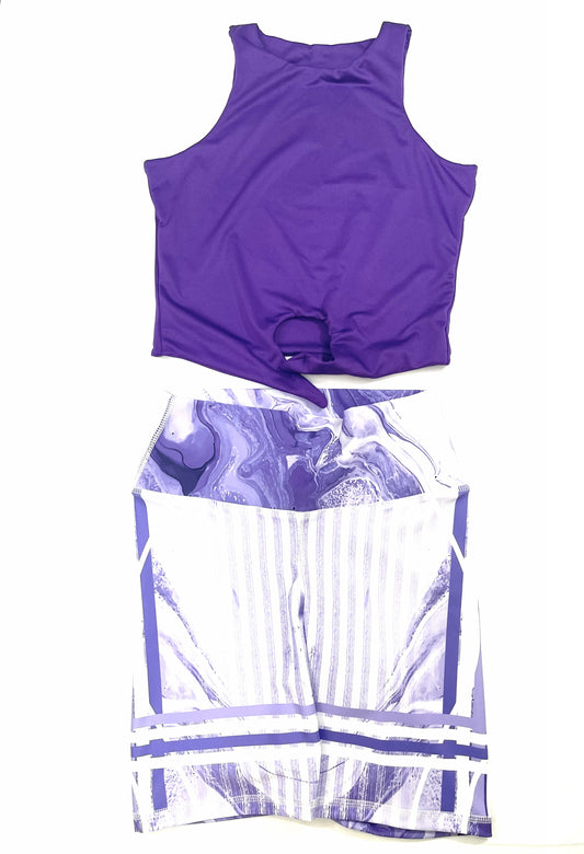 Samuga Style Women's 2-Piece Purple & White Marble Biker Shorts Set, Tie-Front Crop Top