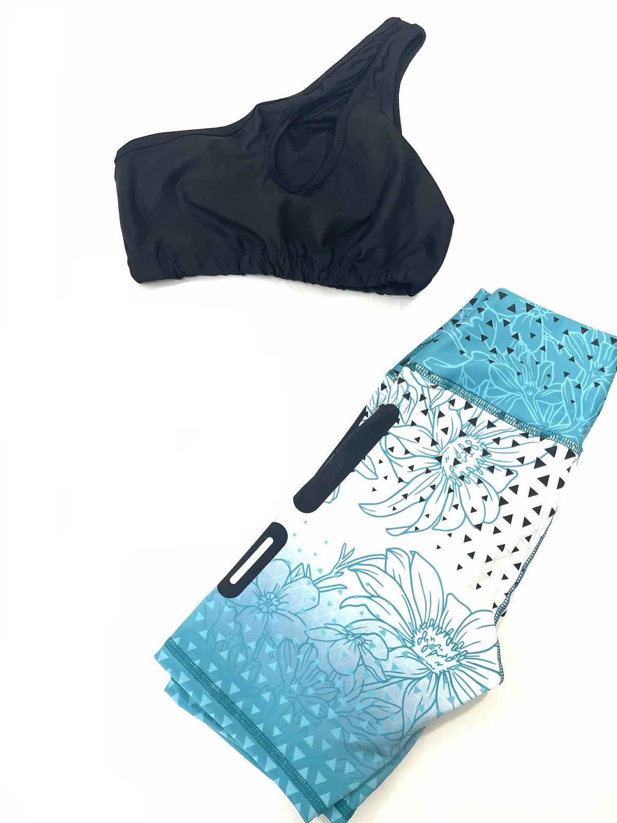 Samuga Style Women's Black One-Shoulder Sports Bra & Teal Floral Biker Shorts Set