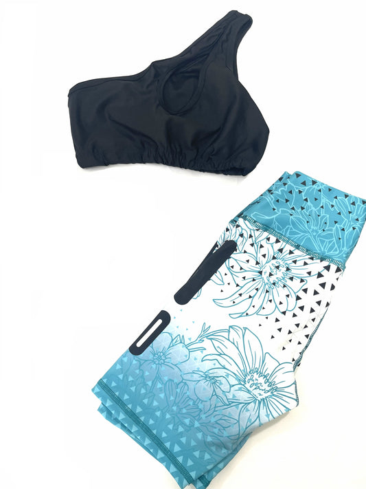 Samuga Style Women's Black One-Shoulder Sports Bra & Teal Floral Biker Shorts Set
