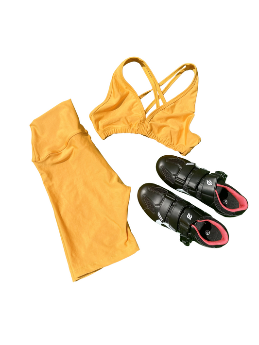 Samuga Style Women's 2-Piece Mustard Yellow Biker Short Set, Strappy Sports Bra & High-Waist Shorts