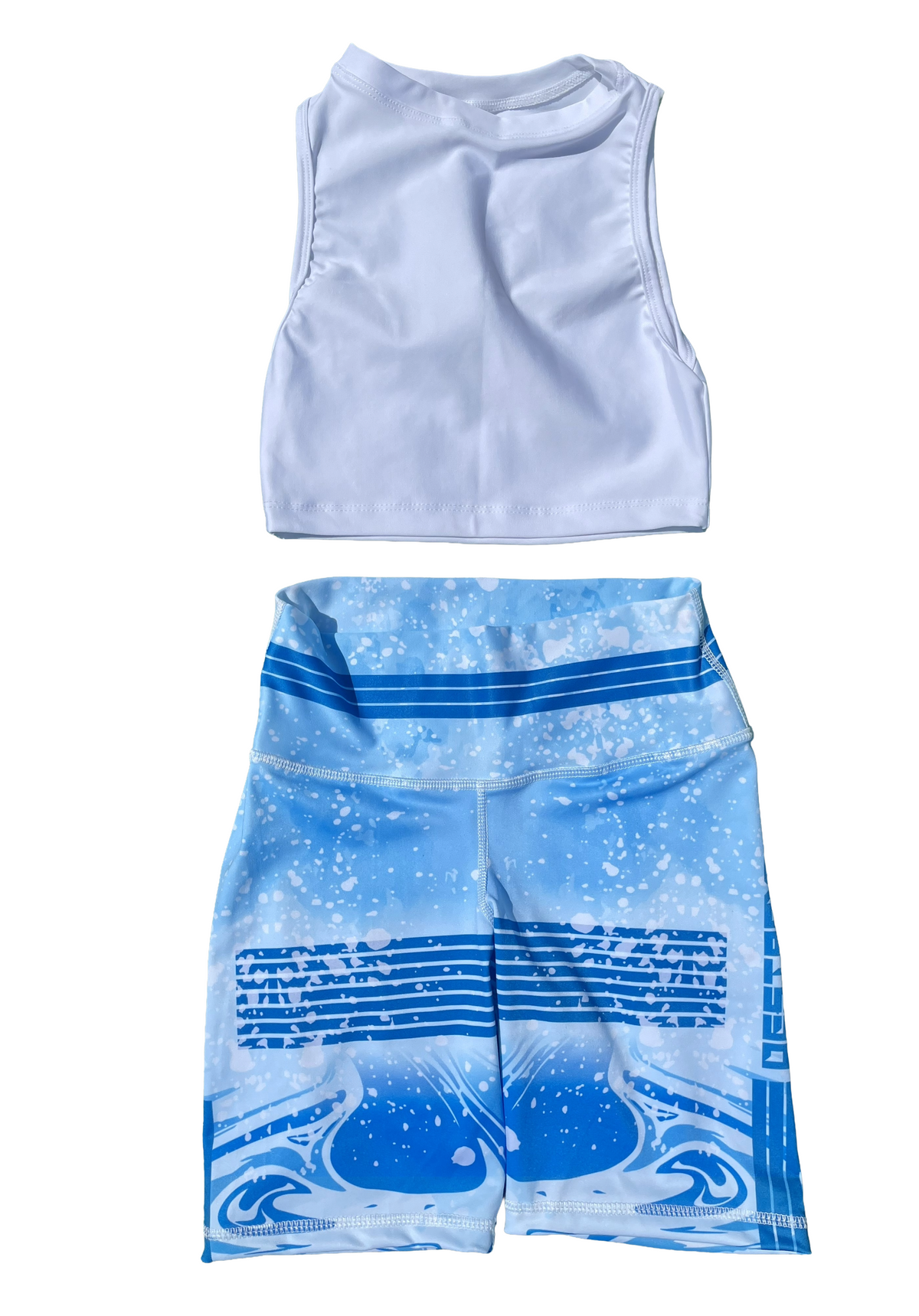 Samuga Style Women's 2-Piece Activewear Set, White High-Neck Tank Top & Sky Blue Printed Biker Shorts