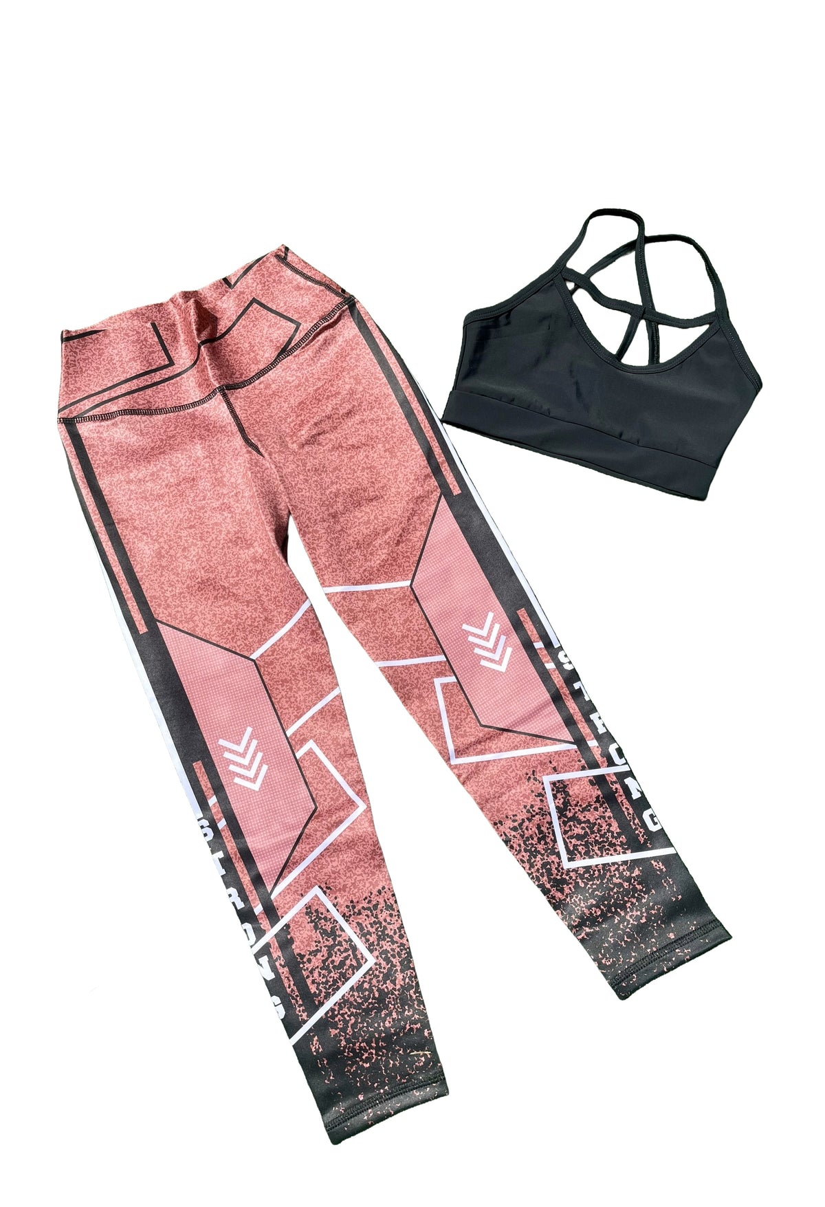 Samuga Style Women's Black Strappy Sports Bra & Dusty Rose STRONG Leggings Set