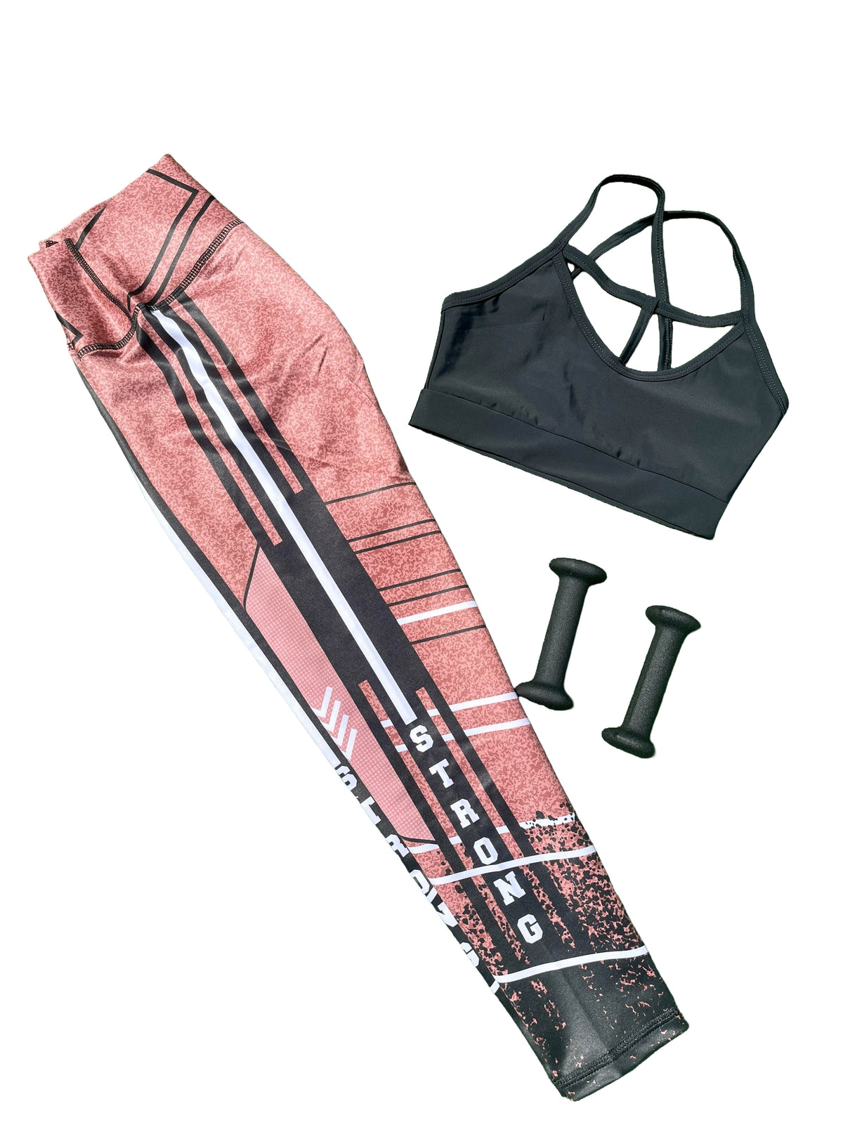 Samuga Style Women's Black Strappy Sports Bra & Dusty Rose STRONG Leggings Set