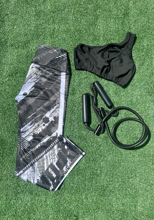 Samuga Style Women's Black One-Shoulder Sports Bra & SPORT Print Leggings Set