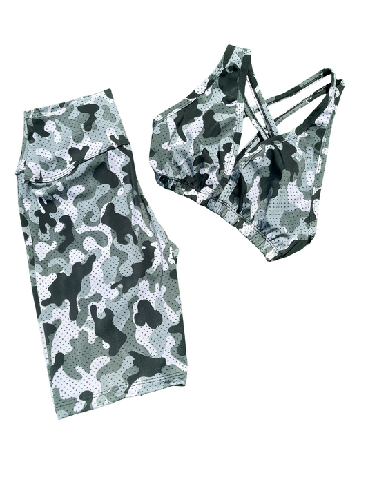Samuga Style Women's Green Camo Biker Short Set with Strappy Sports Bra