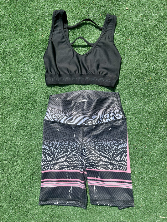 Samuga Style Women's 2-Piece Activewear Set, Black Sports Bra & Animal Print Biker Shorts