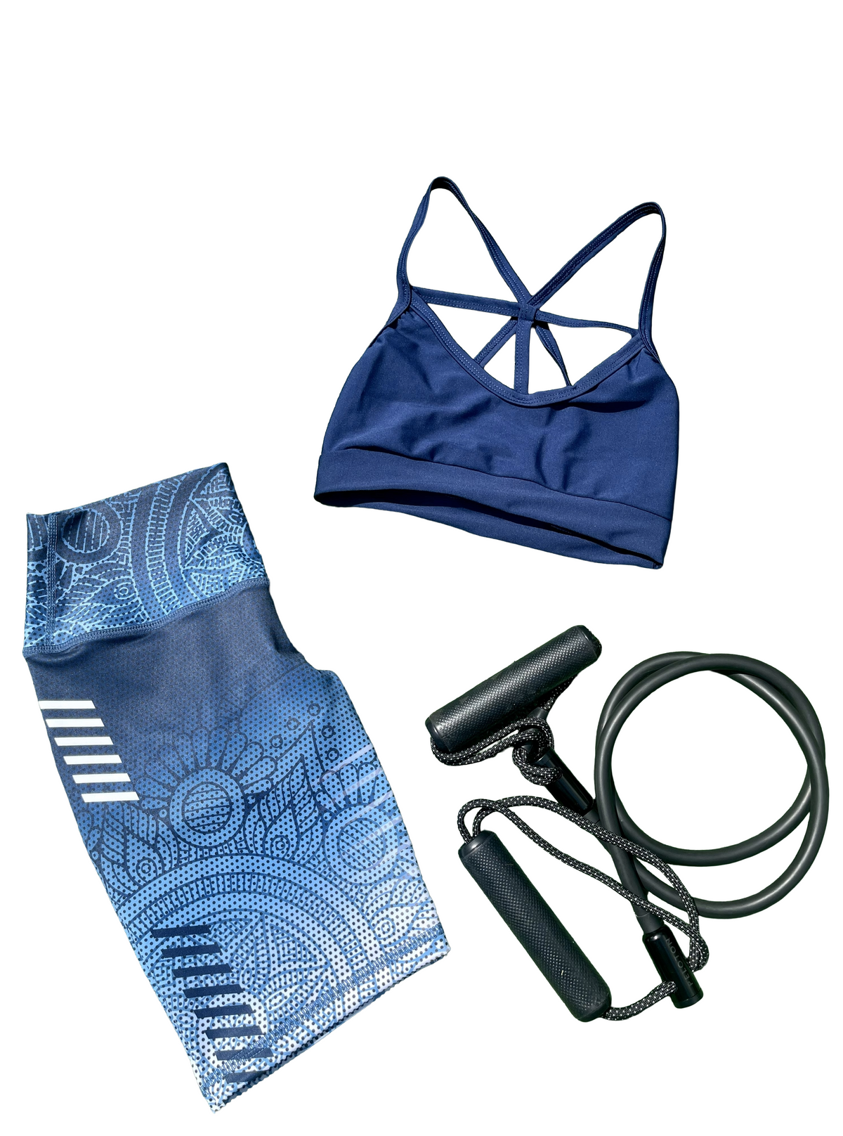 Samuga Style Women's Navy Blue Mandala Biker Short Set with Strappy Sports Bra