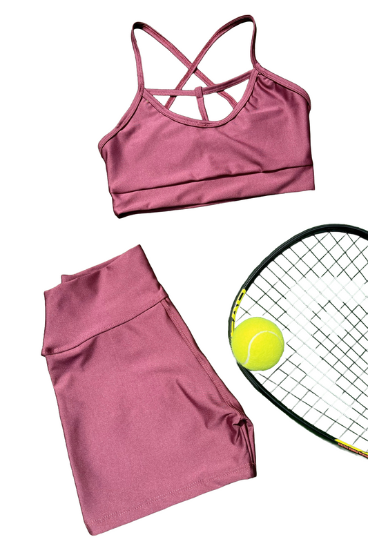 Samuga Style Women's Metallic Mauve Strappy Sports Bra & High-Waist Shorts Set