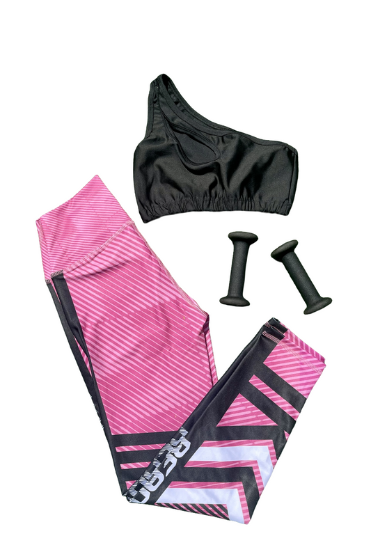 Samuga Style Women's Black One-Shoulder Sports Bra & Pink READY TO WIN Leggings Set