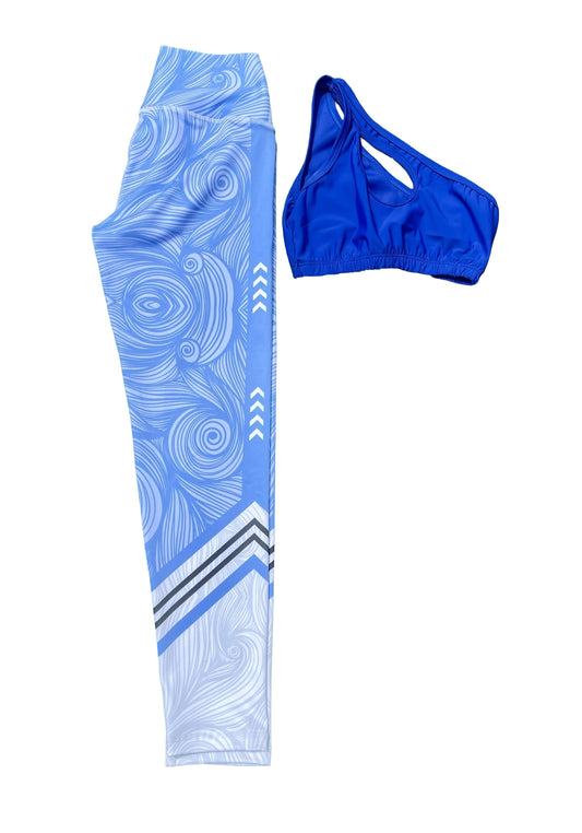 Samuga Style Women's 2-Piece Activewear Set, Blue Asymmetrical Sports Bra & Swirl Print Leggings