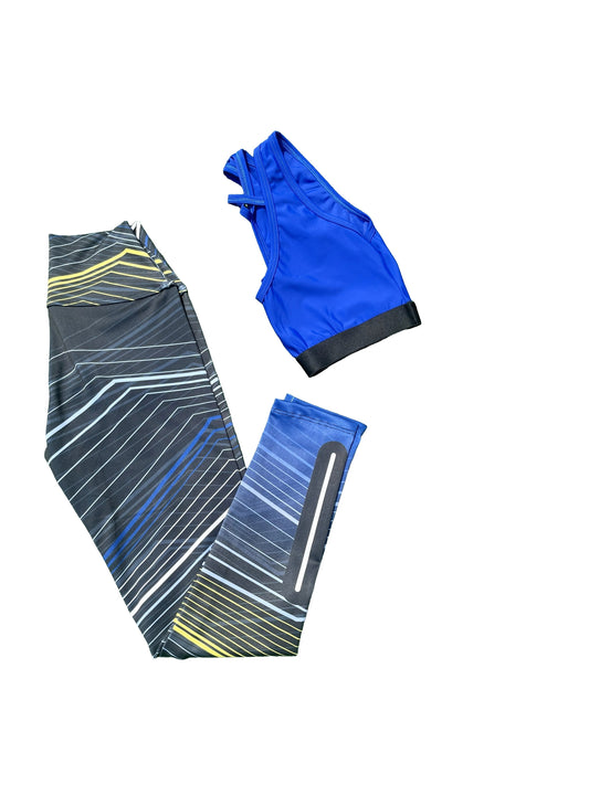 Samuga Style Women's Royal Blue Sports Bra & Geometric Striped Leggings Set