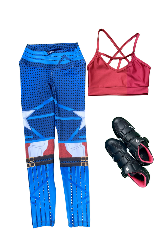Samuga Style Women's Red Strappy Sports Bra & Captain America Print Leggings Set