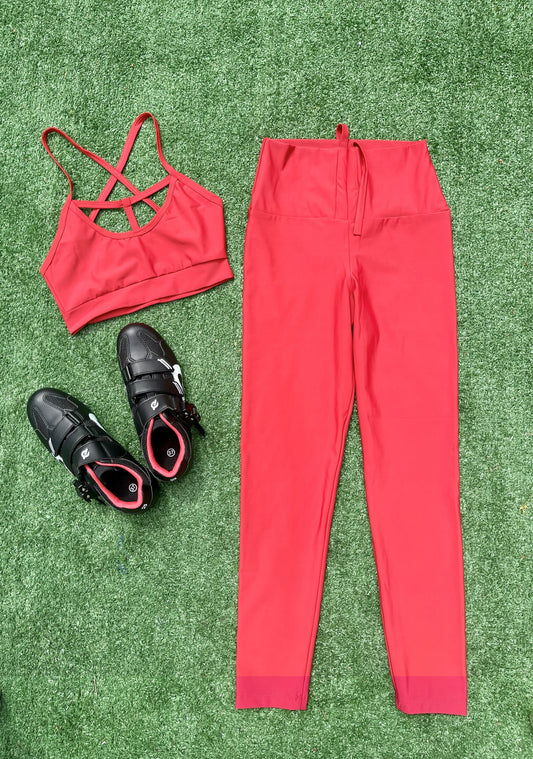 Samuga Style Women's 2-Piece Coral Red Activewear Set, Strappy Sports Bra & High-Waist Leggings