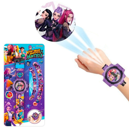 K-Pop Demon Hunters Huntrix purple digital projection toy watch showing character projection on a hand with original packaging.