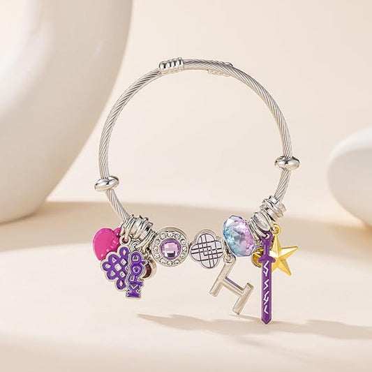 Silver cable charm bracelet with purple sword, KPOP emblem, letter H, star, and jewel charms for K-Pop Hunters.