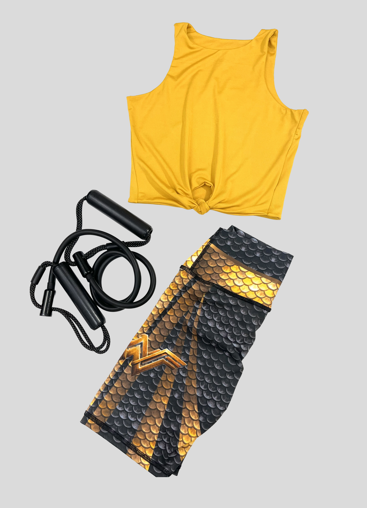 Samuga Style Women's 2-Piece Activewear Set, Yellow Front-Knot Tank Top & Armor Print Leggings