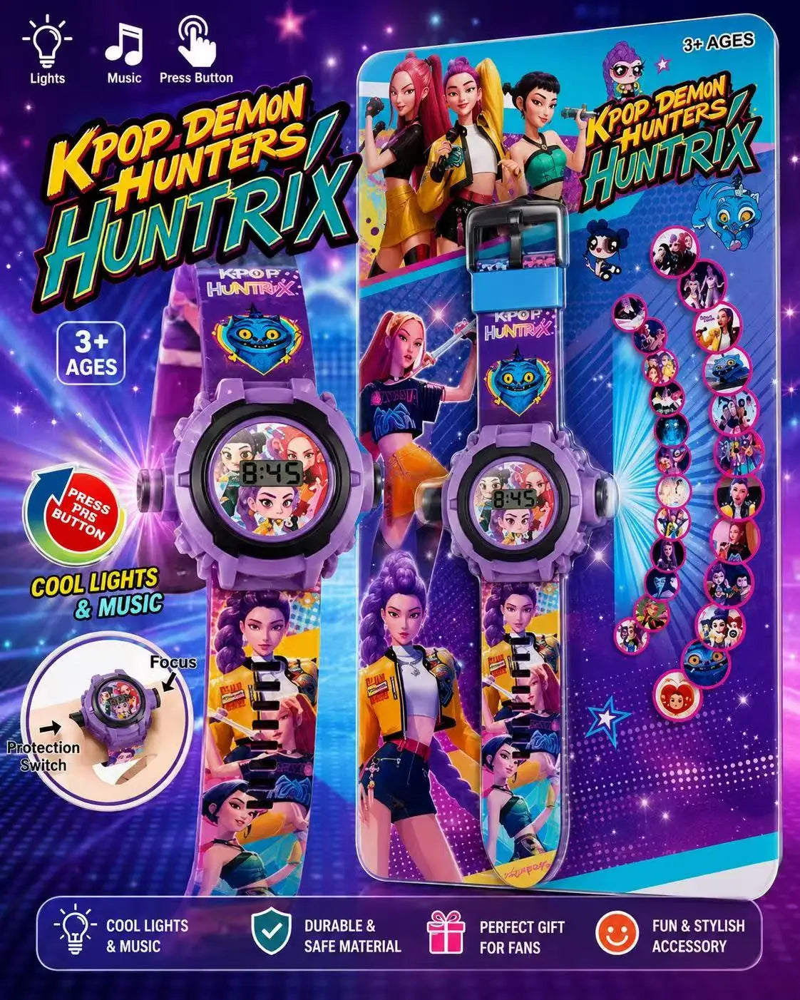 K-Pop Demon Hunters Huntrix Purple LED Projection Watch for Kids