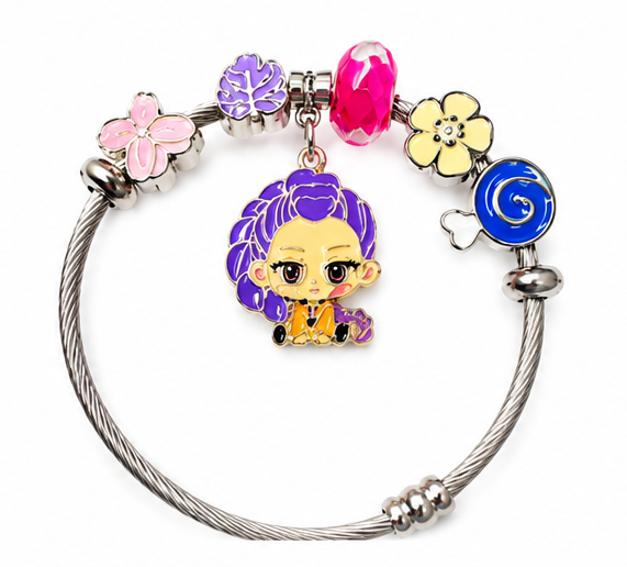 K-Pop Hunter Silver-Tone Charm Bracelet with Purple Sword & KPOP Charms