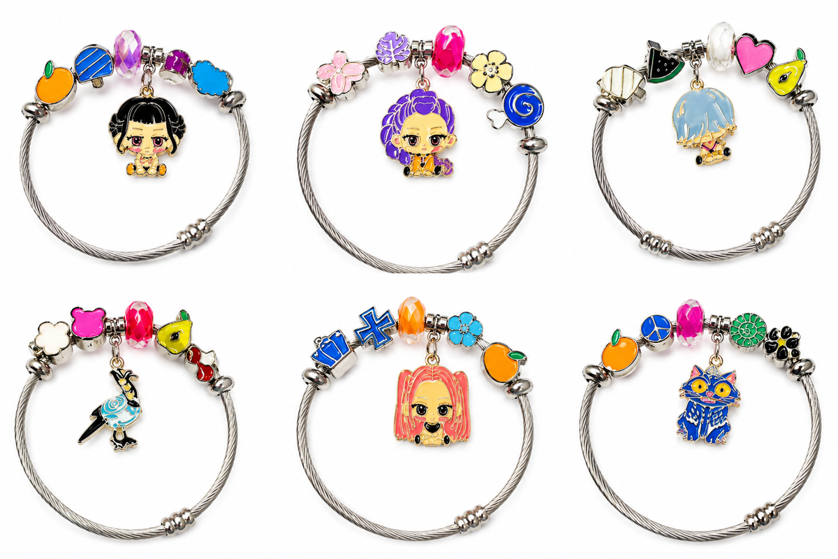 K-Pop Hunter Silver-Tone Charm Bracelet with Purple Sword & KPOP Charms
